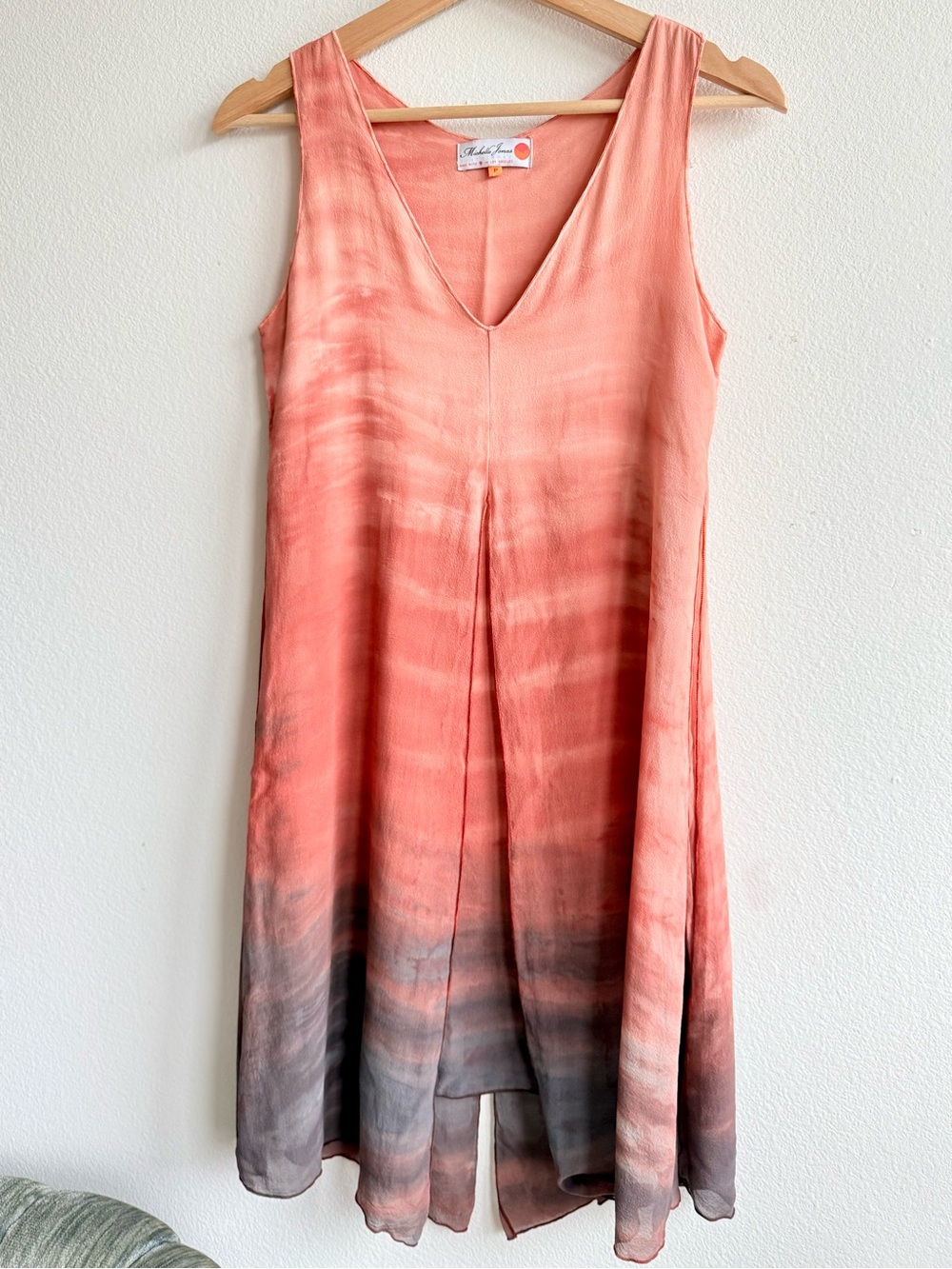 100% Silk Sleeveless Mini Dress Sheer XS Michelle Jonas V Neck Flowy Orange Red